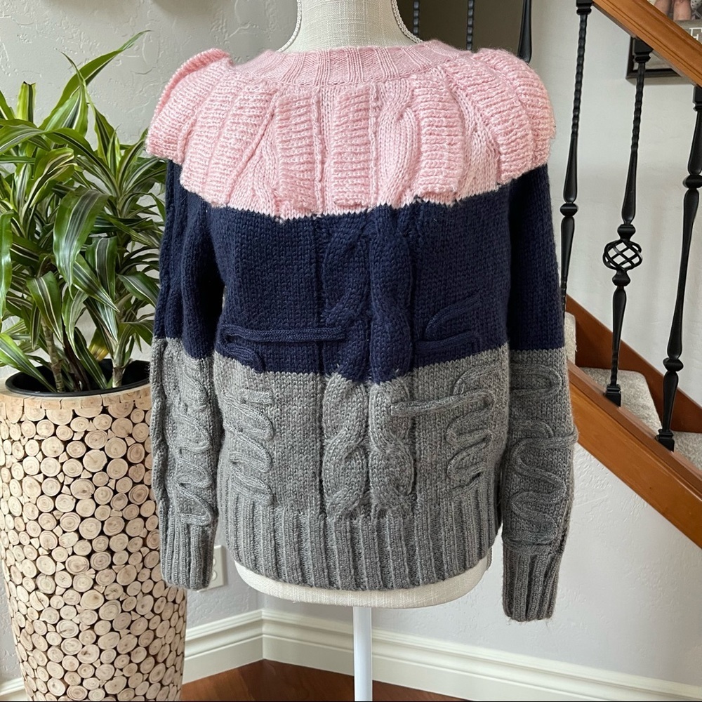 Winter Chunky Cable Knit Color Block‎ Wool Blend Crewneck Sweater Size: Small